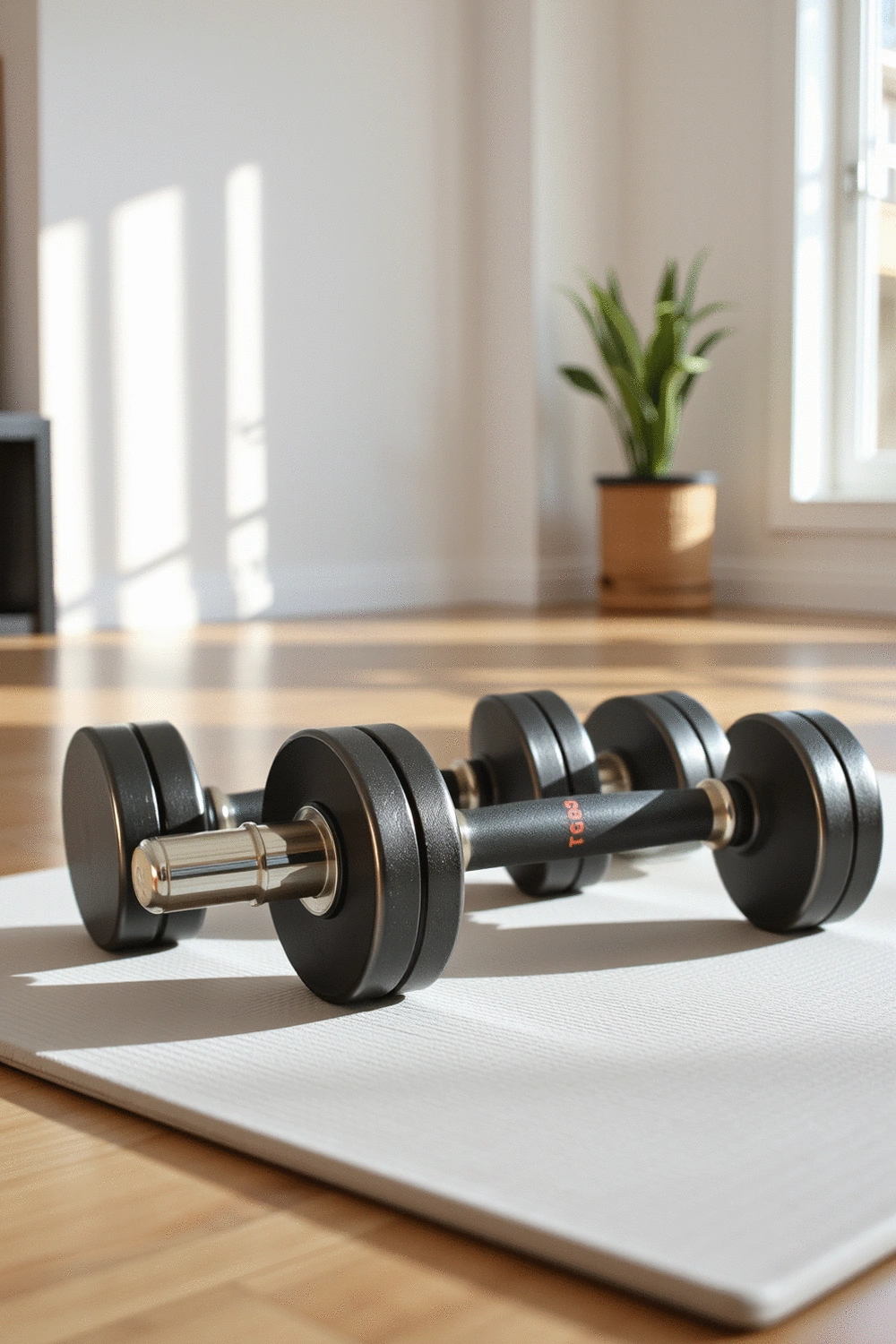 Adjustable dumbbells on a clean, light-colored fitness mat in a home workout setting, with natural light, representing convenience and customization.