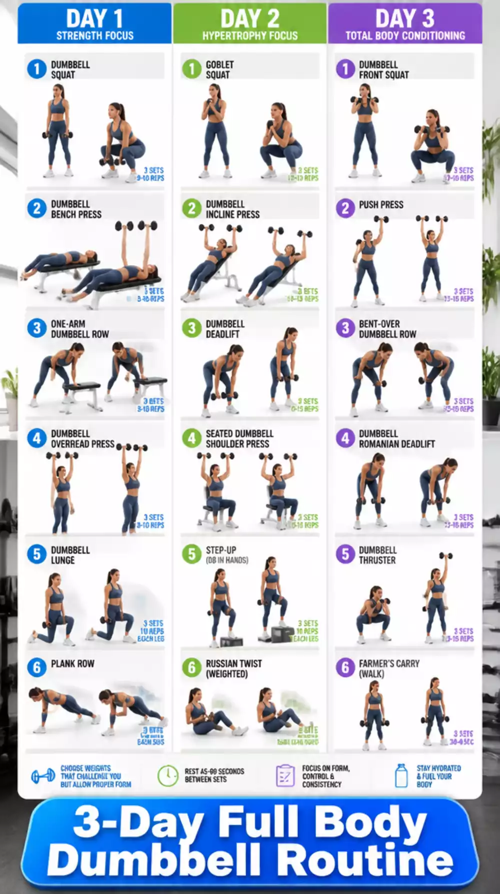 3-Day Beginner Dumbbell Routine That Covers the Whole Body Simply