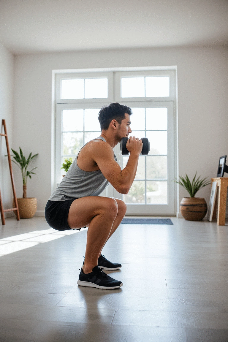 Beginner demonstrating a goblet squat with a dumbbell