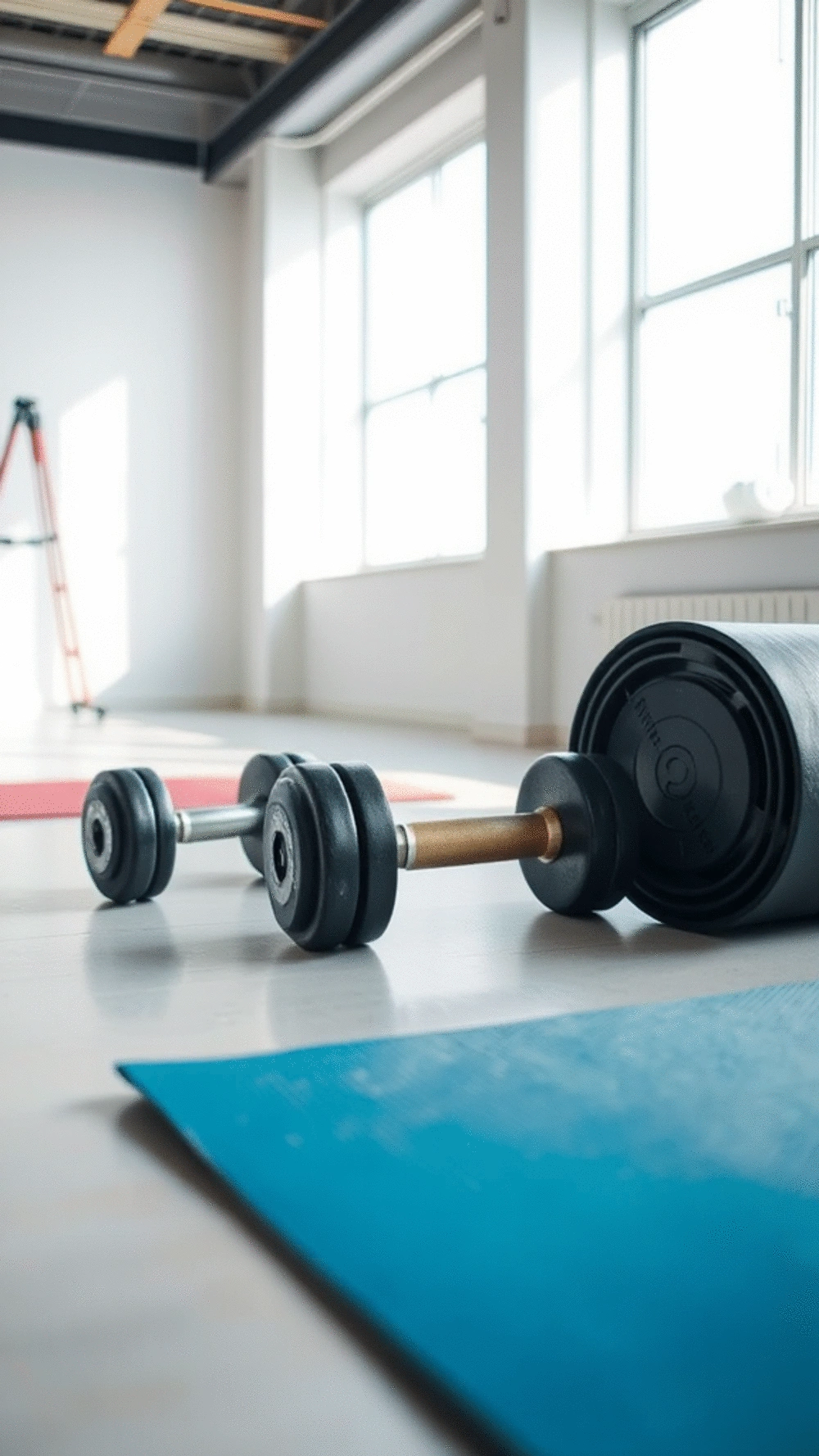 A well-organized workout space with dumbbells and a yoga mat, ensuring safety during exercise