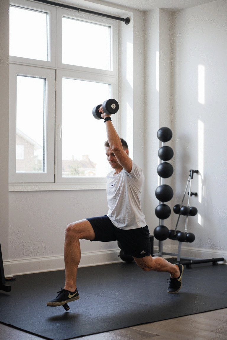 Person performing a combined dumbbell workout in a sunlit space