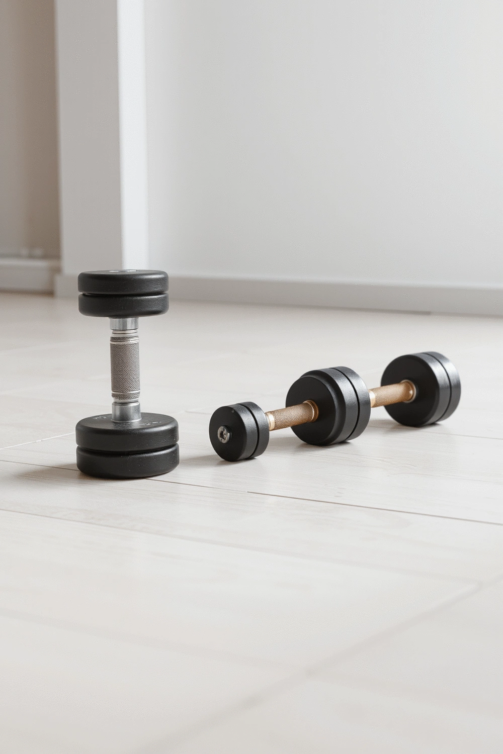 A progression of dumbbell weights from light to heavy, arranged on a clean, minimalist floor, symbolizing fitness progression.