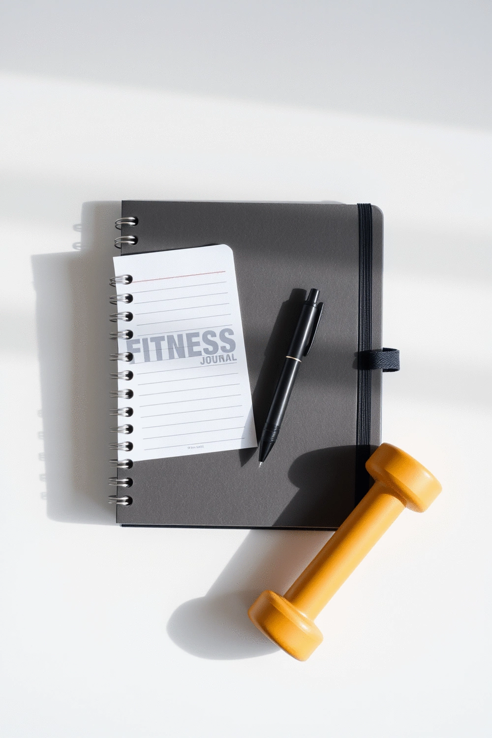 A flat lay of a fitness journal, a pen, and a small dumbbell on a minimalist background