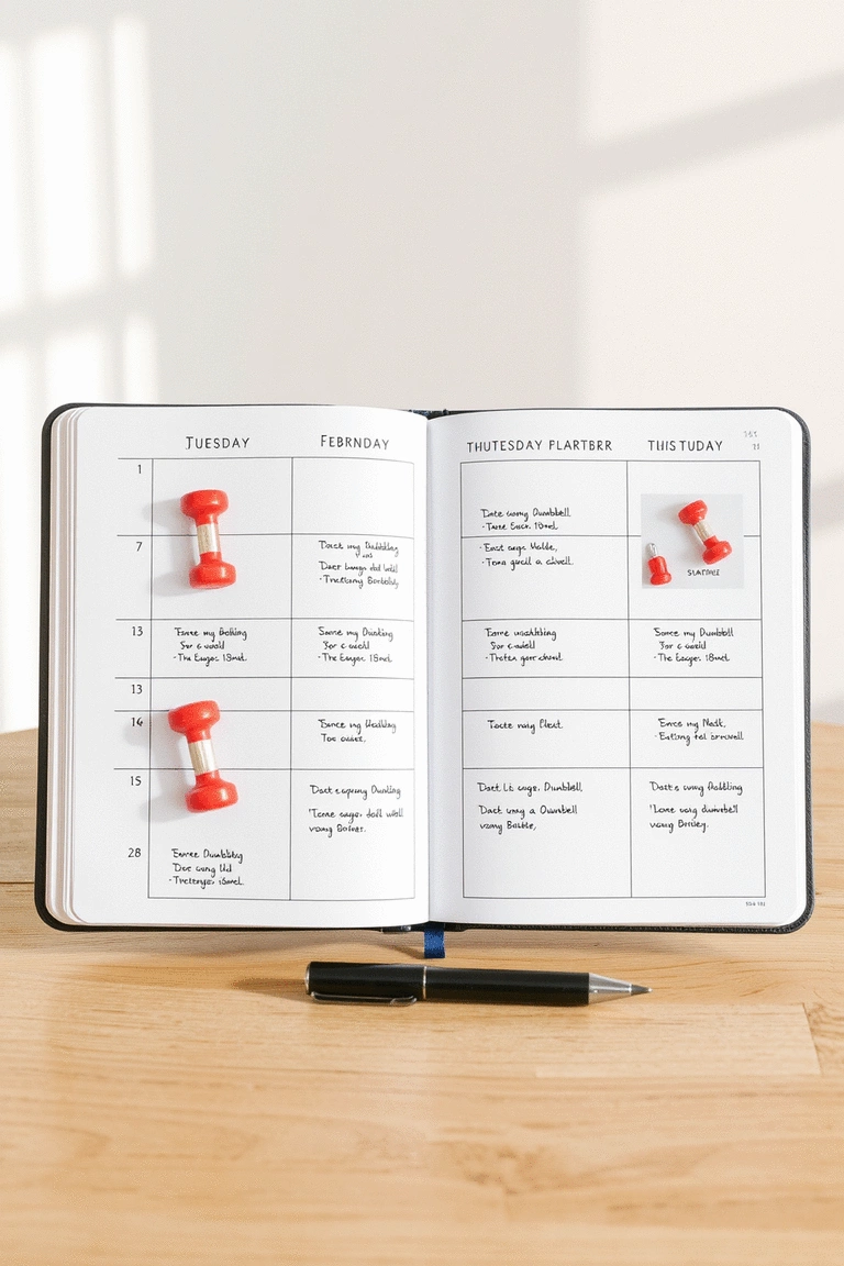 A weekly workout planner with dumbbell exercises laid out for each day