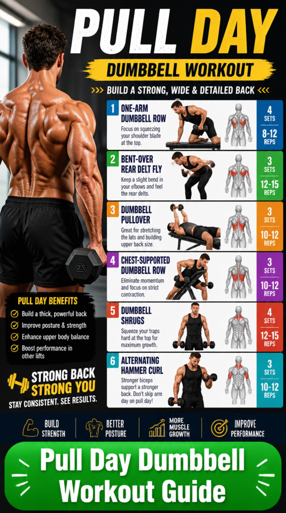 Pull Day Dumbbell Workout Poster That Lays Out Every Exercise in Order