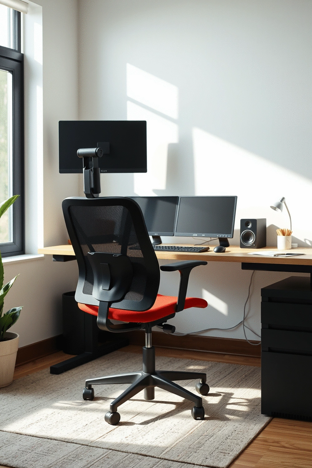 Ergonomic home office setup with a supportive chair, monitor at eye level, and a clean desk, bathed in soft natural light.