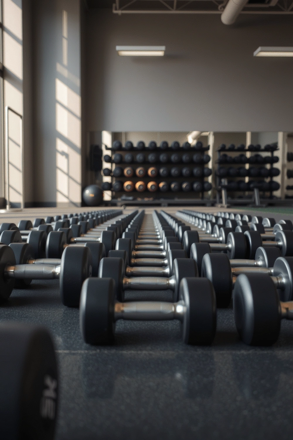 Dumbbells neatly arranged on a gym floor, ready for a workout session, with a structured and clean aesthetic.