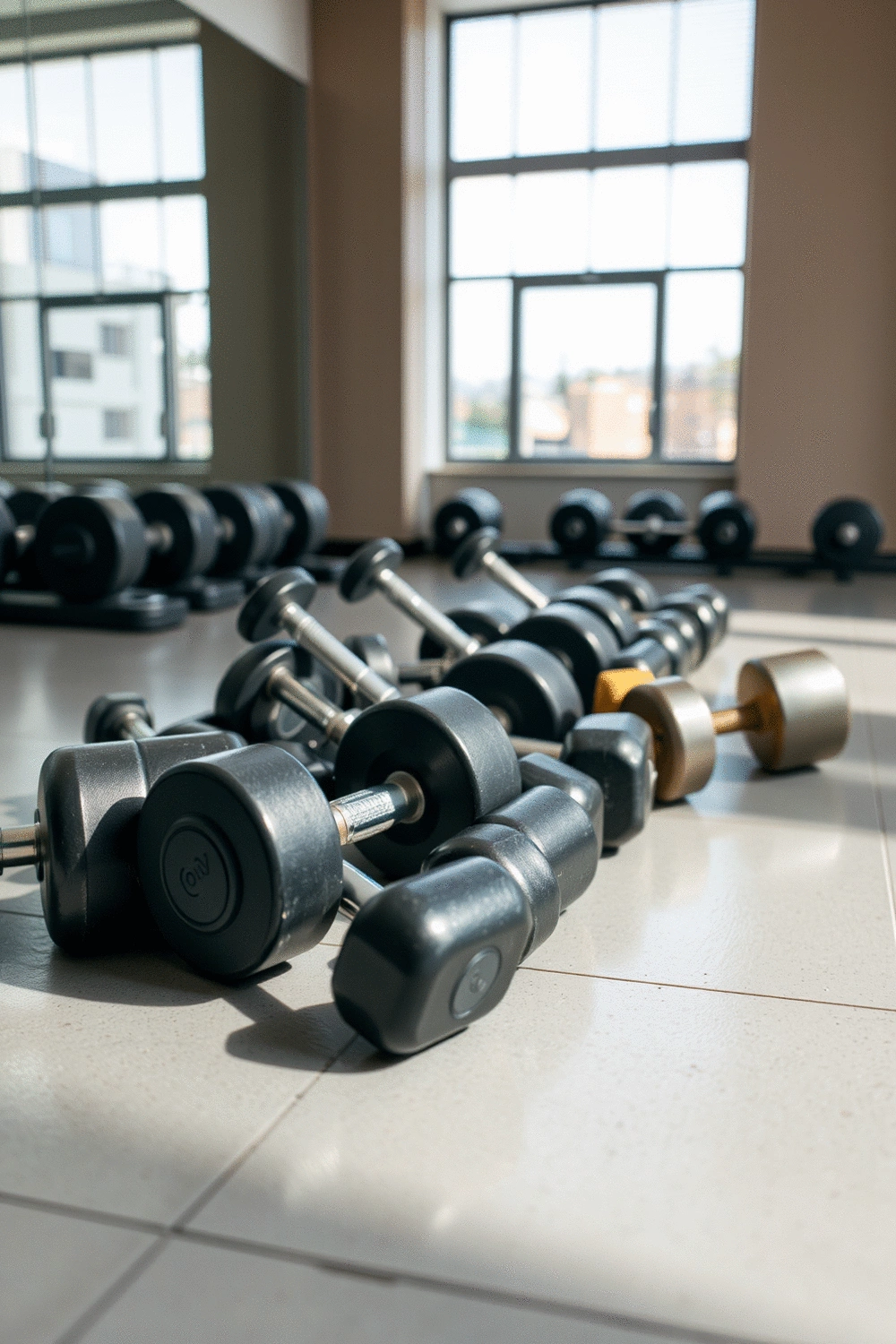 Arrangement of various dumbbells on a clean gym floor, indicating a structured workout plan.