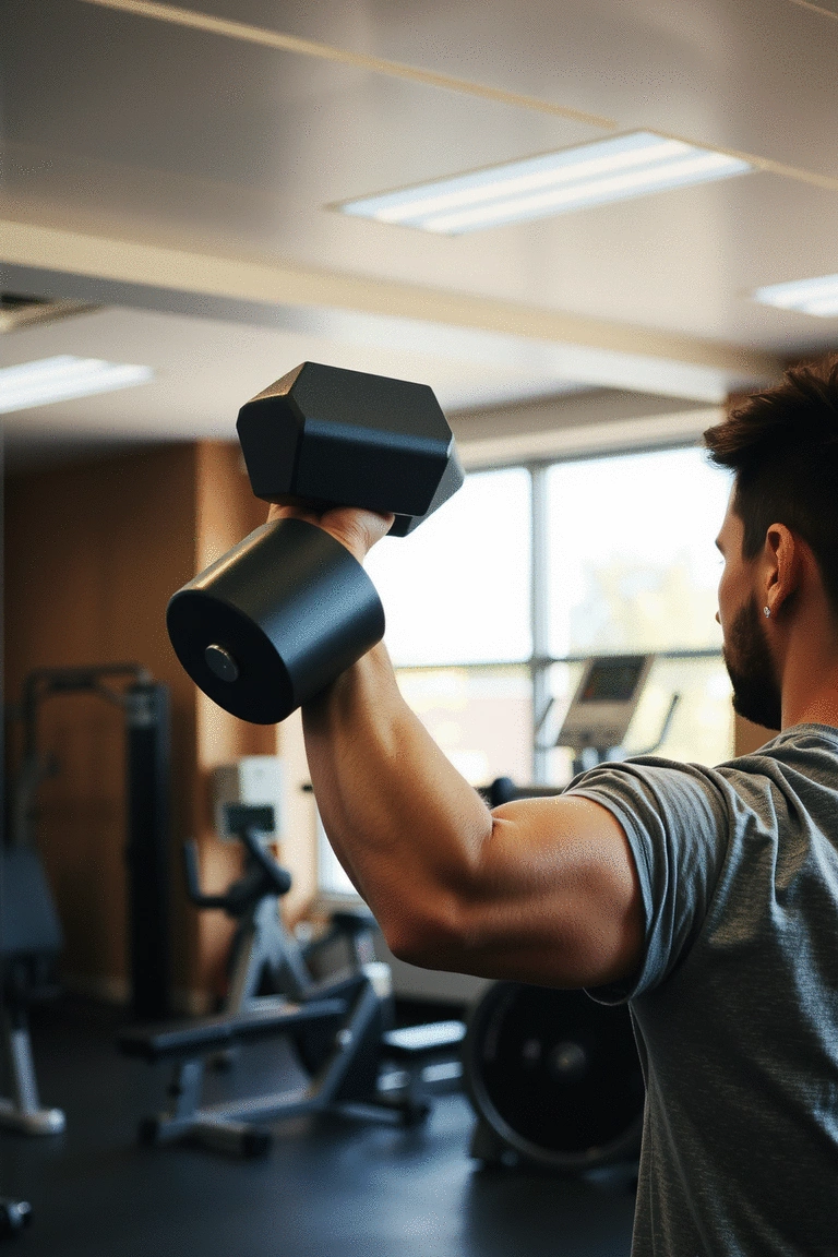 Individual performing a dumbbell shoulder press with great form