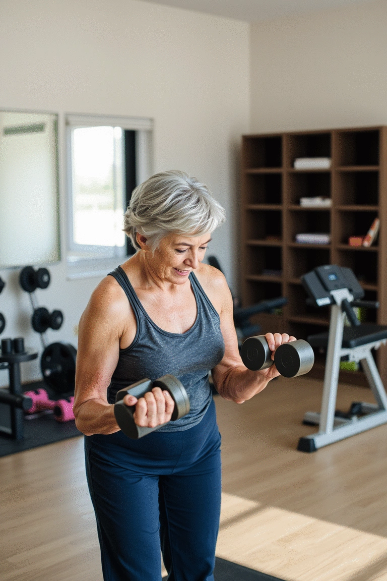 An elderly woman performing bent-over dumbbell rows with a smile