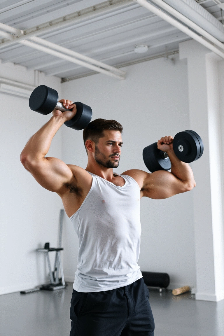 Man executing a dumbbell shoulder press with proper form in a bright studio