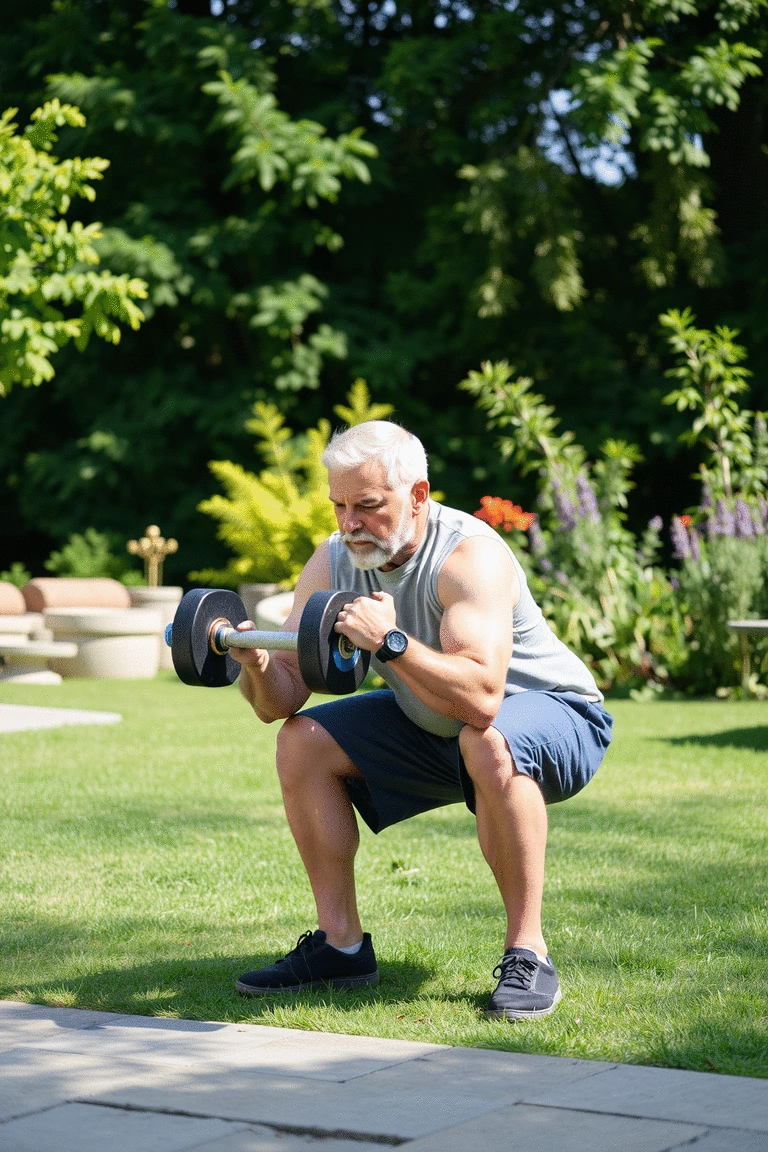 An elderly person performing a dumbbell squat in a bright garden