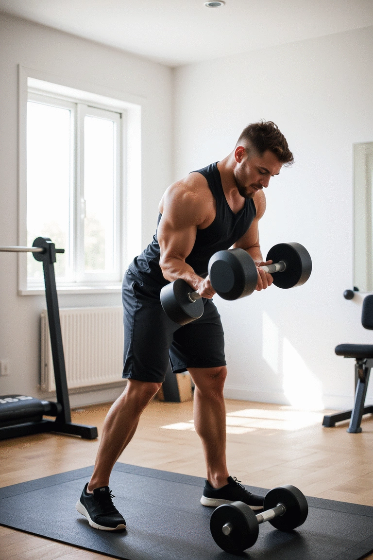 Man performing a dumbbell row with good posture in a workout space