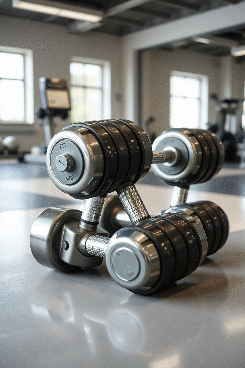 A set of dumbbells on a clean gym floor, with soft, natural light highlighting their metallic texture. The background is blurred, focusing on the equipment.