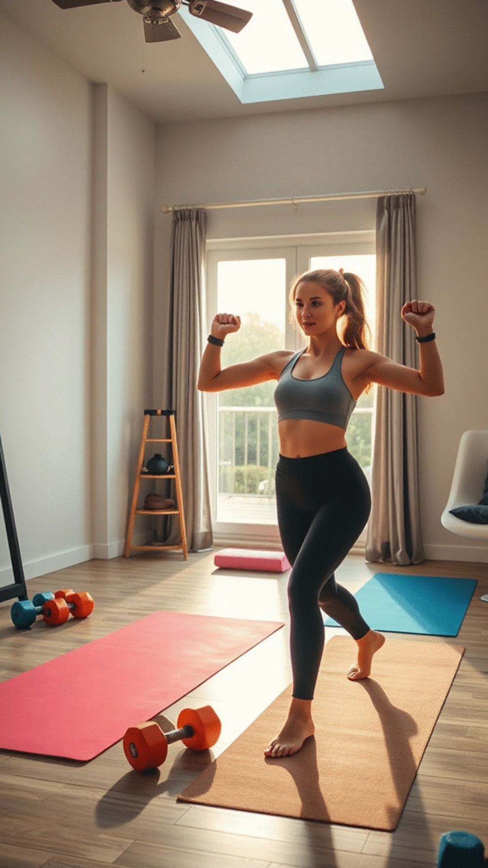 A woman performing a dynamic warm-up in a home gym setting with yoga mats and weights