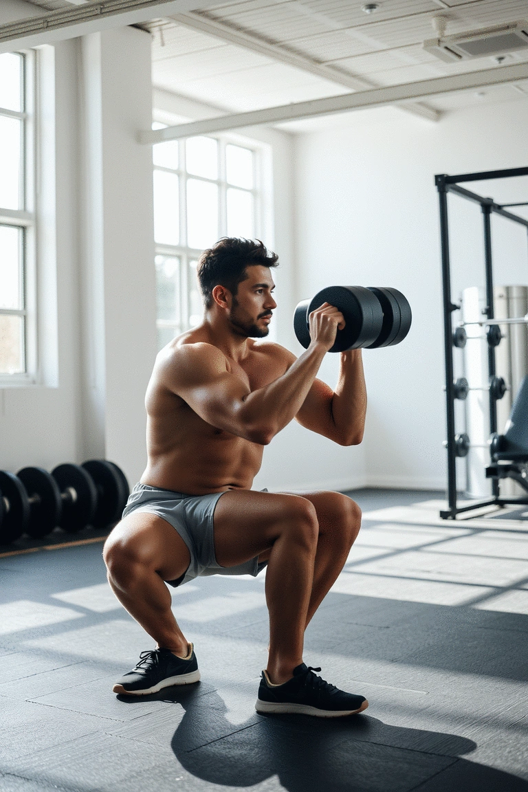 Man performing a dumbbell squat with proper form in a bright gym