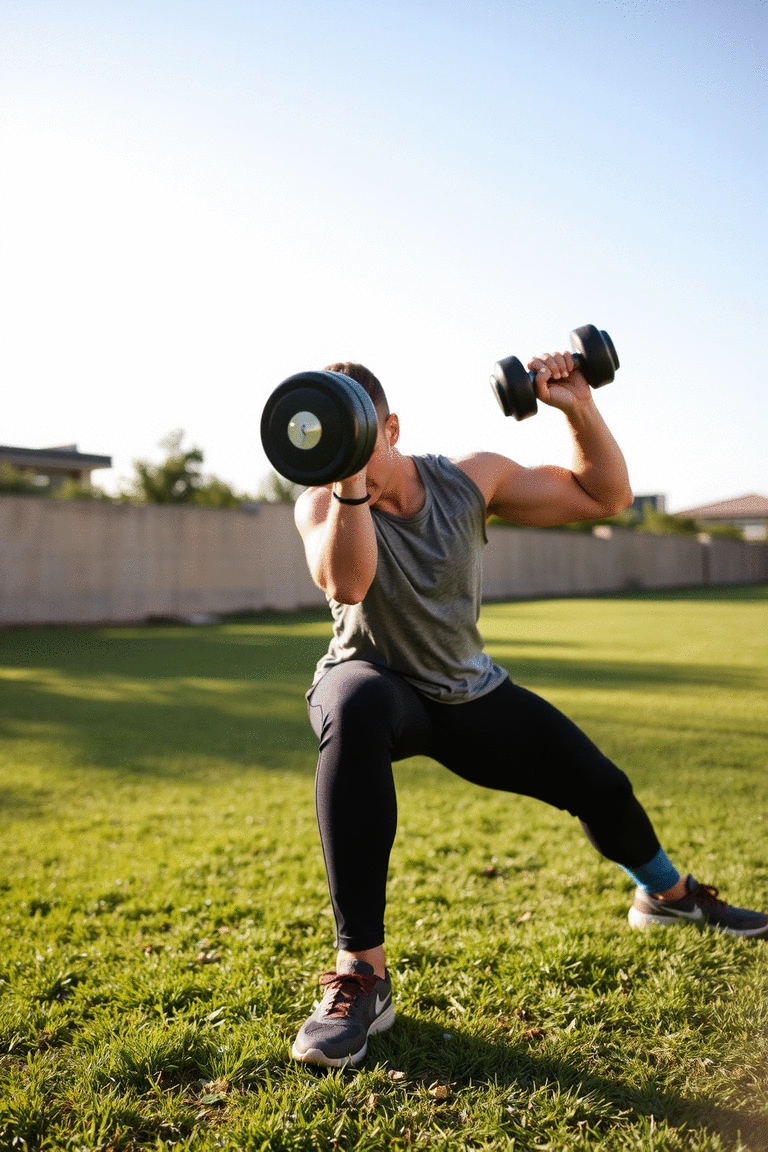 Individual performing a dumbbell lunge in a bright outdoor setting