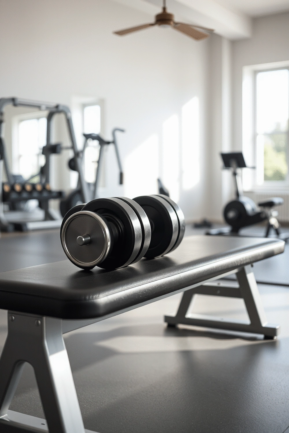 A pair of adjustable dumbbells on a workout bench in a home gym setting.