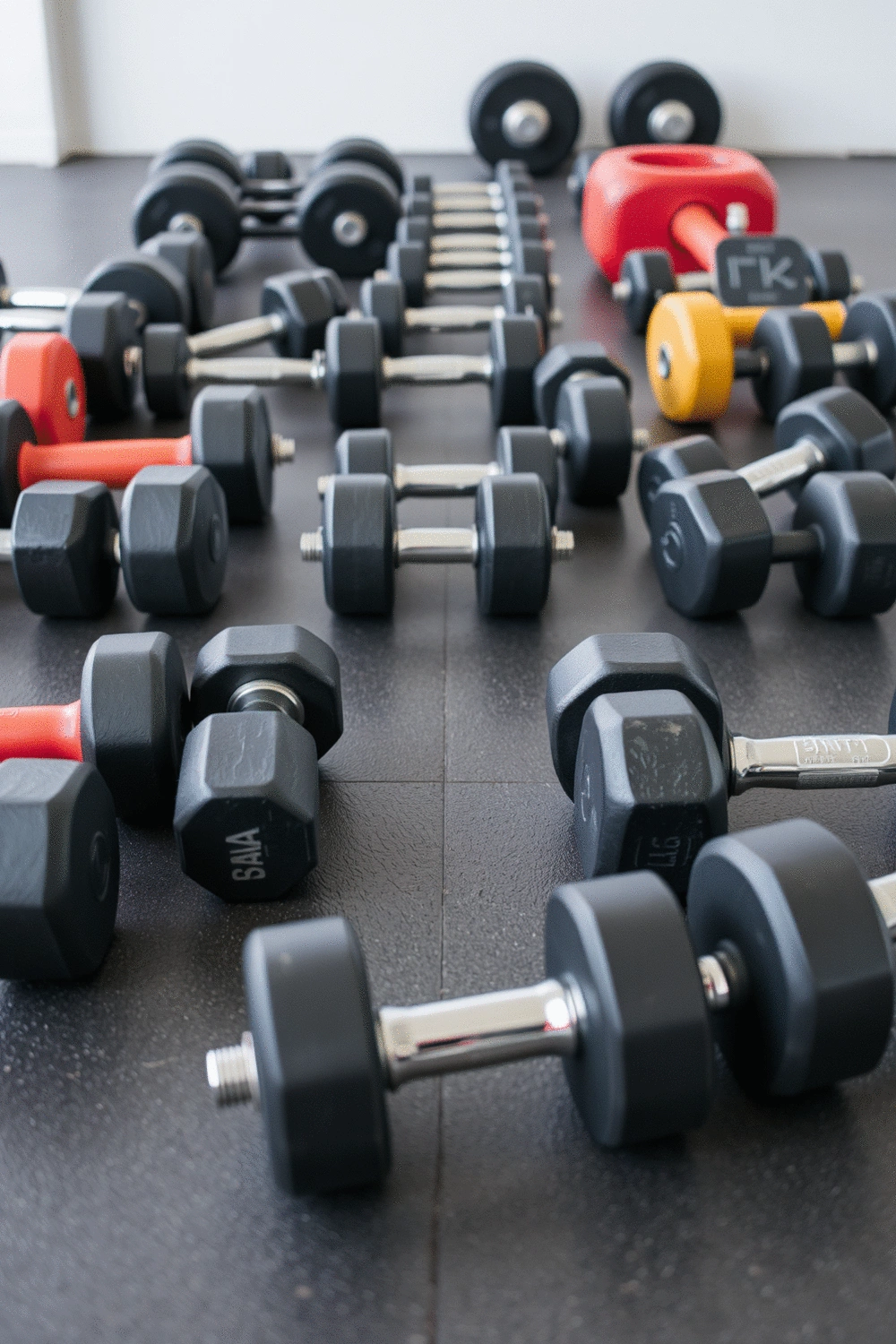 Arrangement of various dumbbells on a gym floor, clean and organized