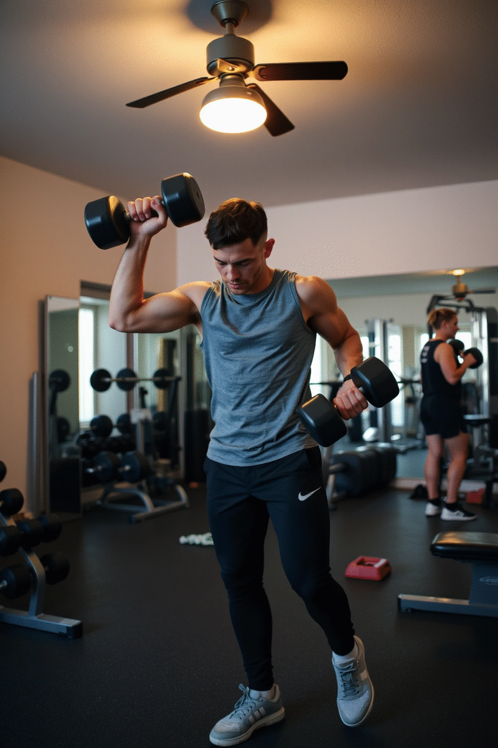 A person demonstrating various dumbbell exercises