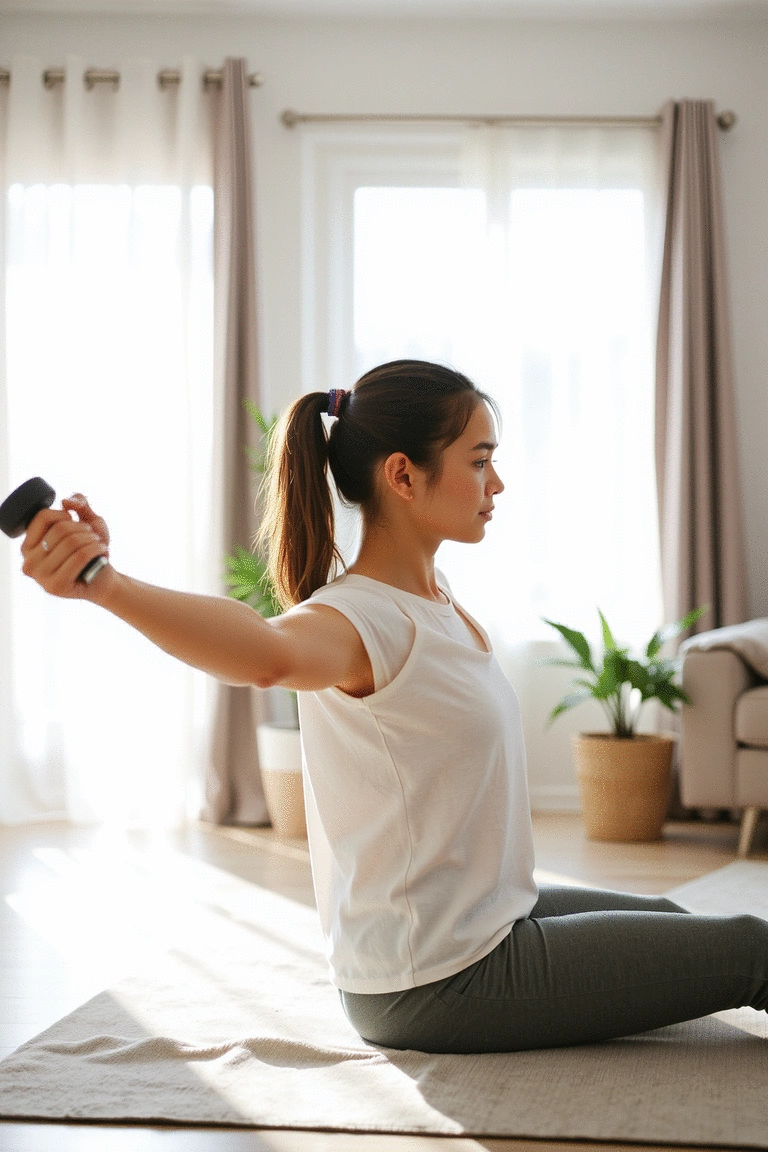 Person performing gentle dumbbell stretches in a peaceful home environment, bright lighting