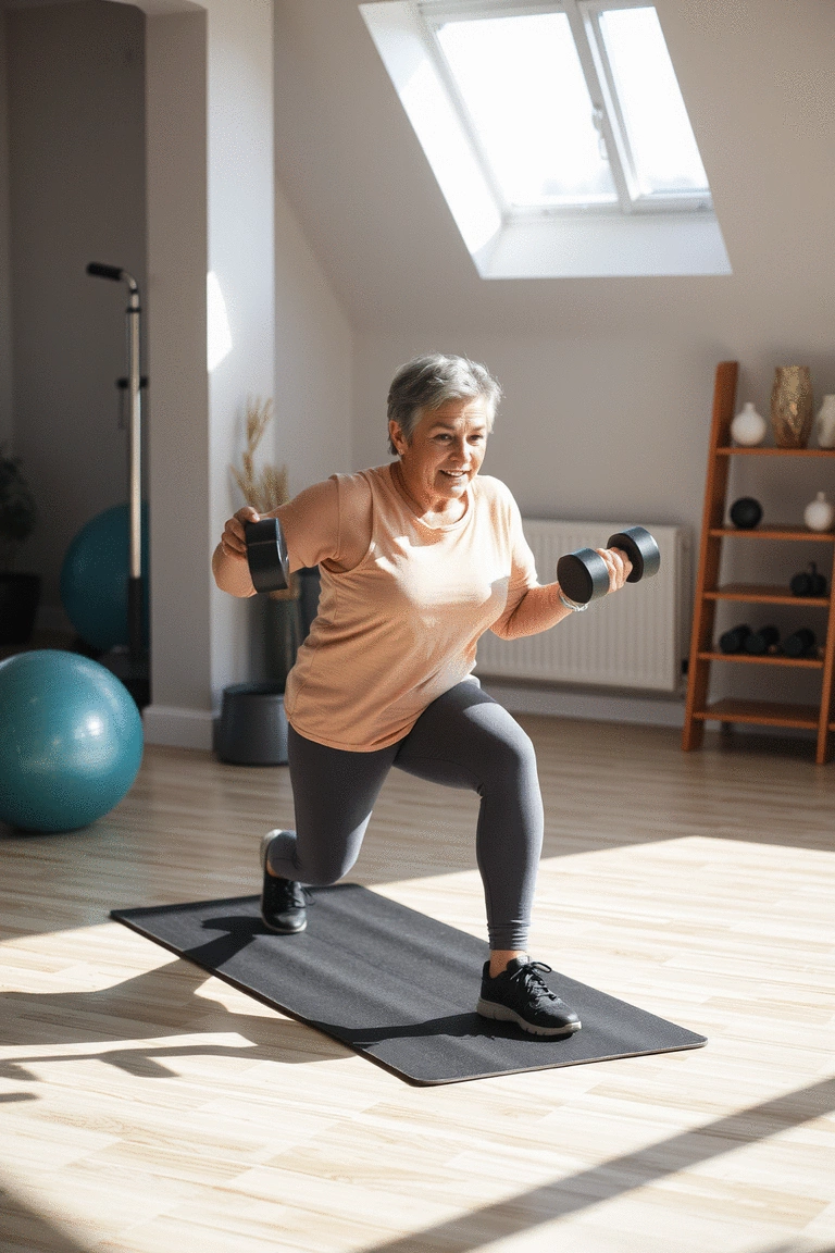Mature individual performing dumbbell lunges in a bright exercise room