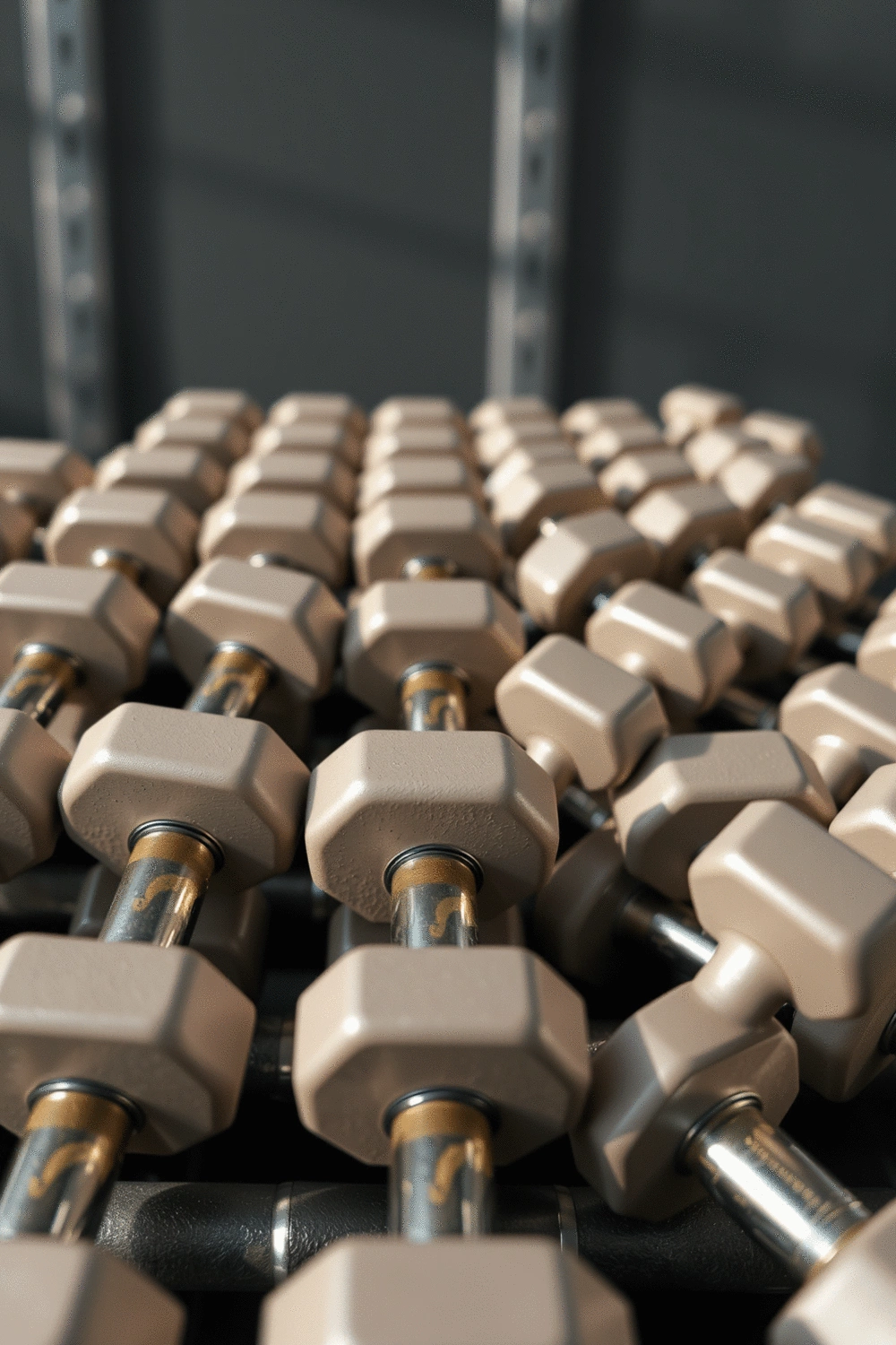 Close-up of a range of small, light dumbbells neatly arranged on a rack